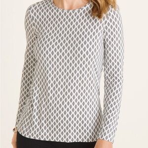 Chico’s Women’s 3 (XL) Black‎ White Diamond Long Sleeve Stretch Blouse Top Tunic